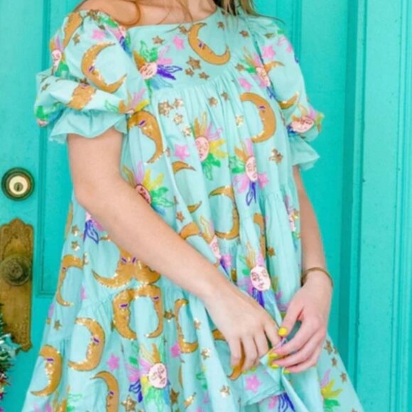 Queen of Sparkles Celestial Sun & Moon Puff Sleeve Dress Size S Pastel Blue - Picture 3 of 11